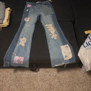 Altar'd State Blue Floral Patchwork Flare Jeans